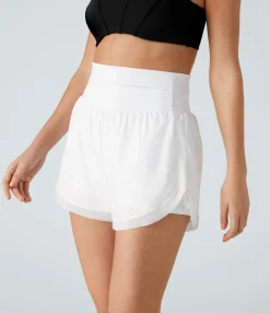 Active Shorts|Shorts<HALARA Breezeful™ High Waisted Pocket Contrast Mesh Curved Hem 2-in-1 Quick Dry Running Shorts White