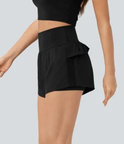 Active Shorts|Shorts<HALARA Breezeful™ High Waisted Ruffle Contrast Mesh 2-in-1 Quick Dry Yoga Shorts