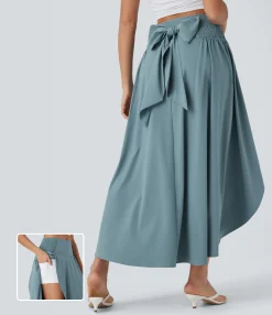 Flowy Skirts|Skirts<HALARA Breezeful™ High Waisted Shirred Tie Back Crossover 2-in-1 Flowy Quick Dry Casual Skirt with Pockets