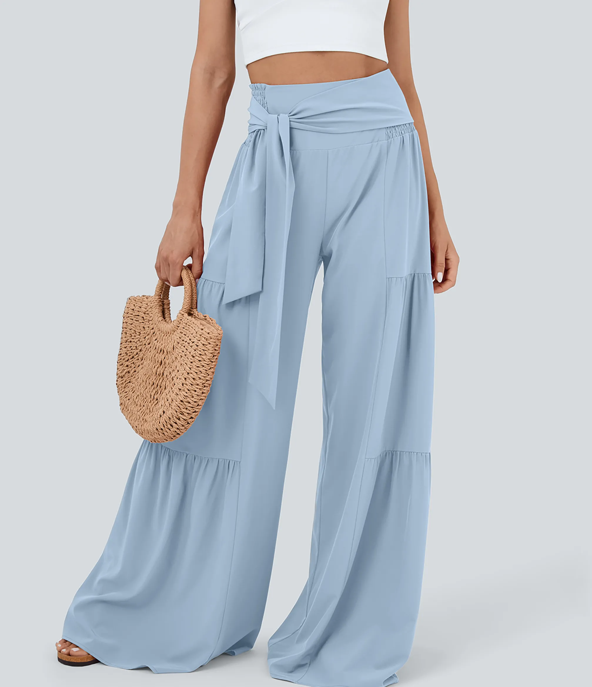 Flowy Pants|High-Waisted Pants<HALARA Breezeful™ High Waisted Shirred Tie Front & Back Wide Leg Flowy Quick Dry Casual Pants