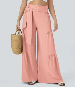 Flowy Pants|High-Waisted Pants<HALARA Breezeful™ High Waisted Shirred Tie Front & Back Wide Leg Flowy Quick Dry Casual Pants