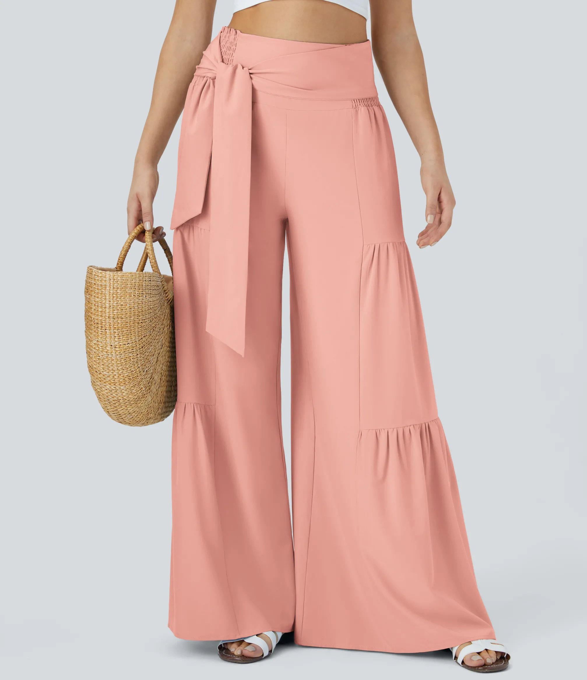 Flowy Pants|High-Waisted Pants<HALARA Breezeful™ High Waisted Shirred Tie Front & Back Wide Leg Flowy Quick Dry Casual Pants