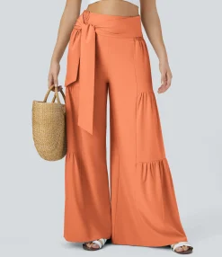 Flowy Pants|High-Waisted Pants<HALARA Breezeful™ High Waisted Shirred Tie Front & Back Wide Leg Flowy Quick Dry Casual Pants