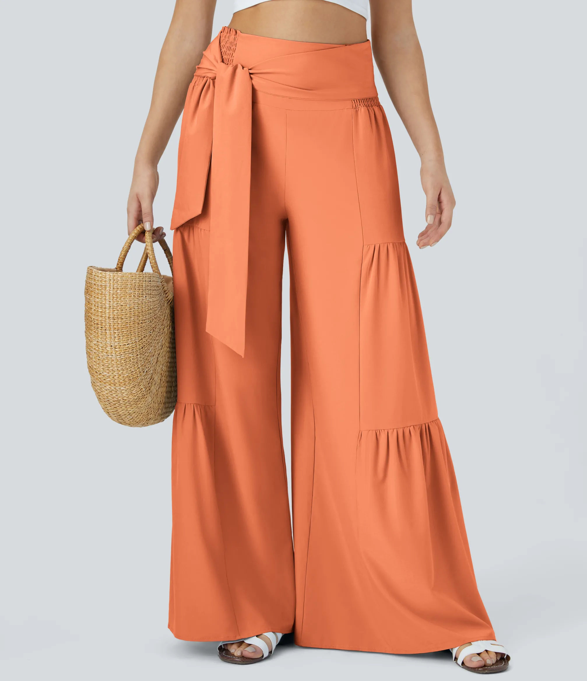 Flowy Pants|High-Waisted Pants<HALARA Breezeful™ High Waisted Shirred Tie Front & Back Wide Leg Flowy Quick Dry Casual Pants