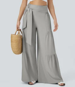 Flowy Pants|High-Waisted Pants<HALARA Breezeful™ High Waisted Shirred Tie Front & Back Wide Leg Flowy Quick Dry Casual Pants