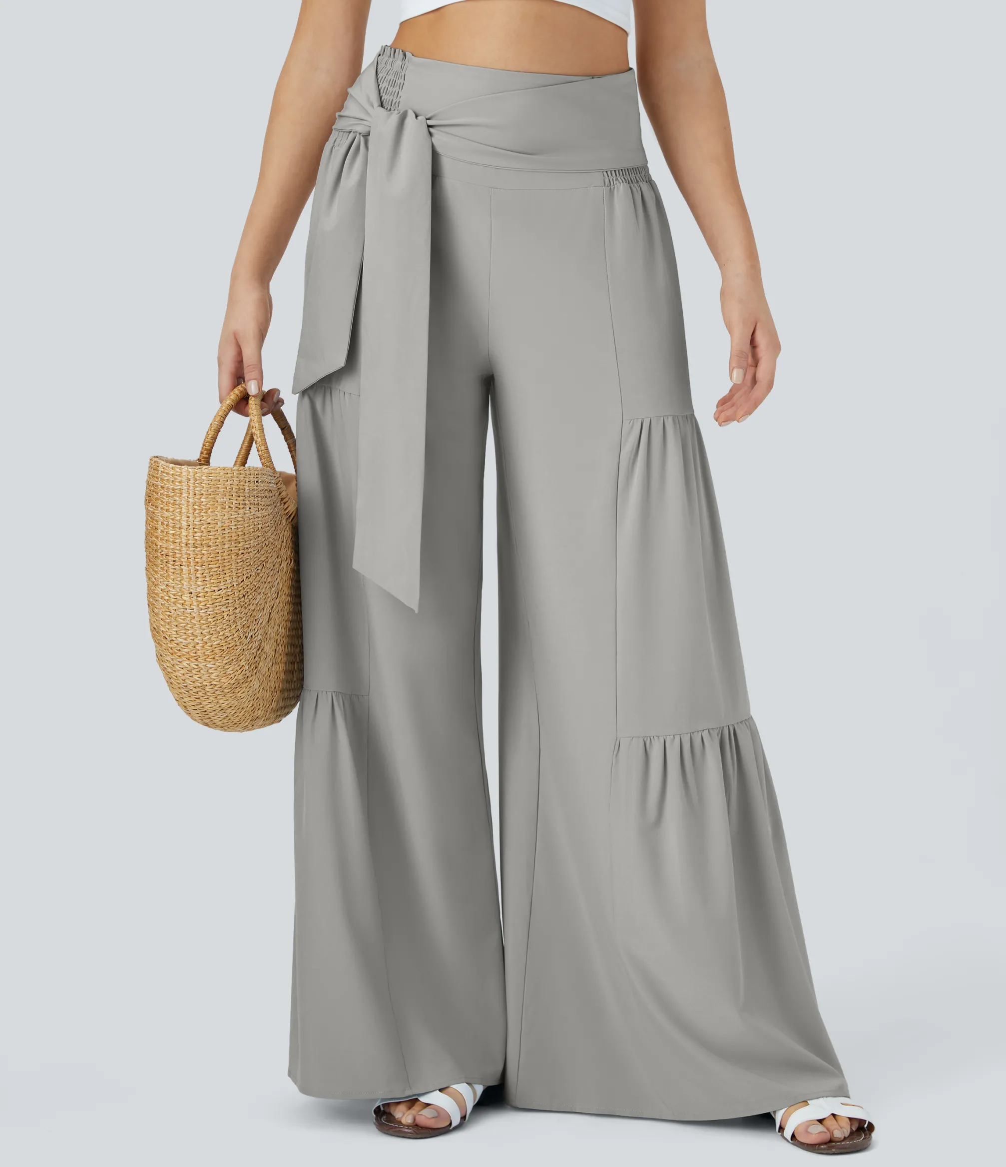 Flowy Pants|High-Waisted Pants<HALARA Breezeful™ High Waisted Shirred Tie Front & Back Wide Leg Flowy Quick Dry Casual Pants
