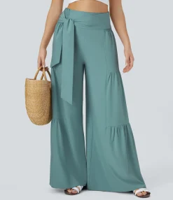 Flowy Pants|High-Waisted Pants<HALARA Breezeful™ High Waisted Shirred Tie Front & Back Wide Leg Flowy Quick Dry Casual Pants