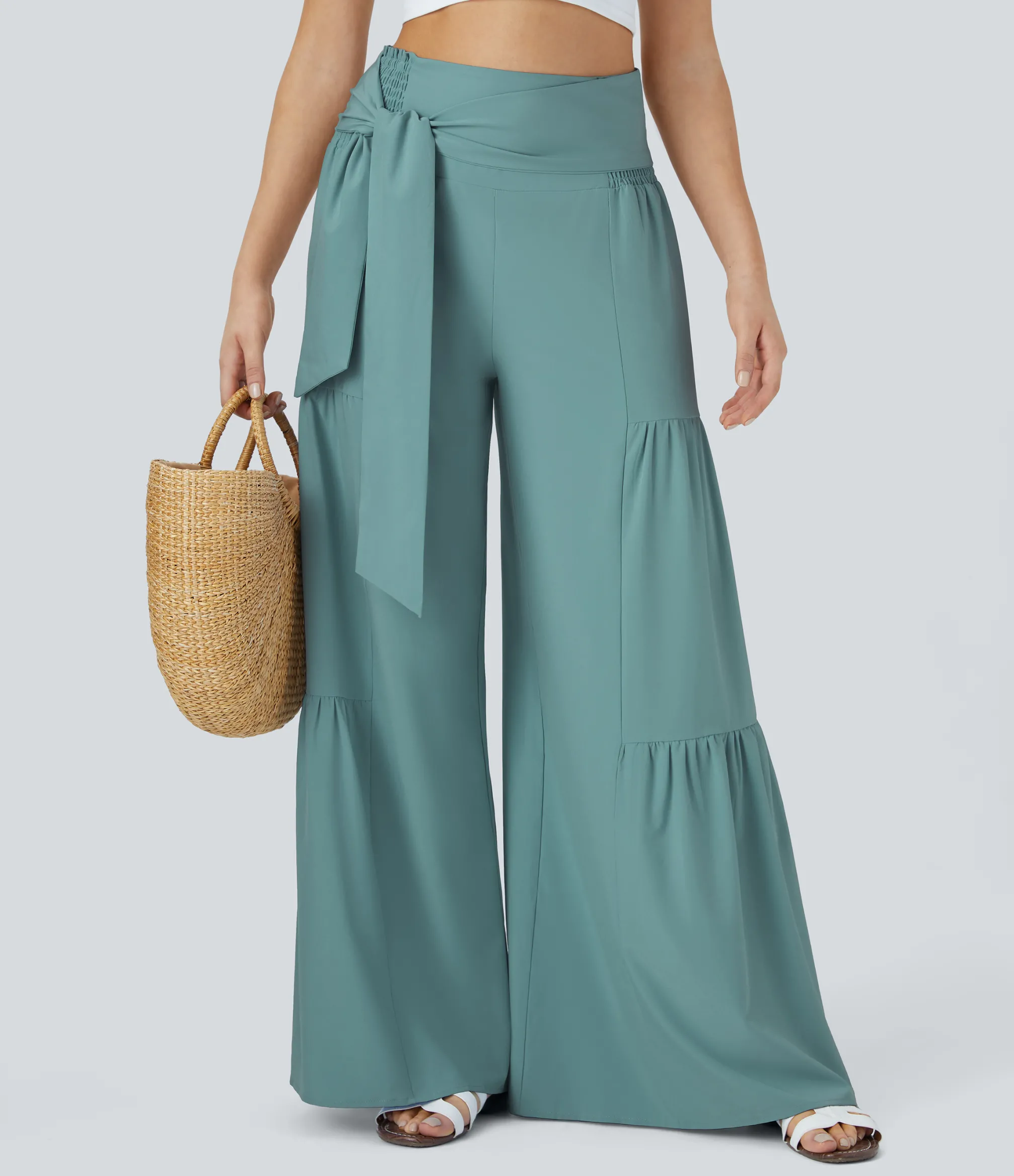 Flowy Pants|High-Waisted Pants<HALARA Breezeful™ High Waisted Shirred Tie Front & Back Wide Leg Flowy Quick Dry Casual Pants
