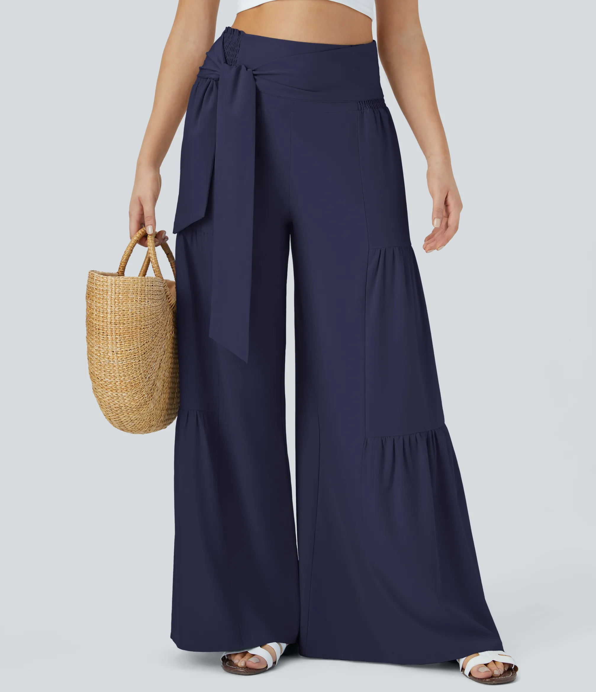 Flowy Pants|High-Waisted Pants<HALARA Breezeful™ High Waisted Shirred Tie Front & Back Wide Leg Flowy Quick Dry Casual Pants