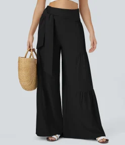 Flowy Pants|High-Waisted Pants<HALARA Breezeful™ High Waisted Shirred Tie Front & Back Wide Leg Flowy Quick Dry Casual Pants