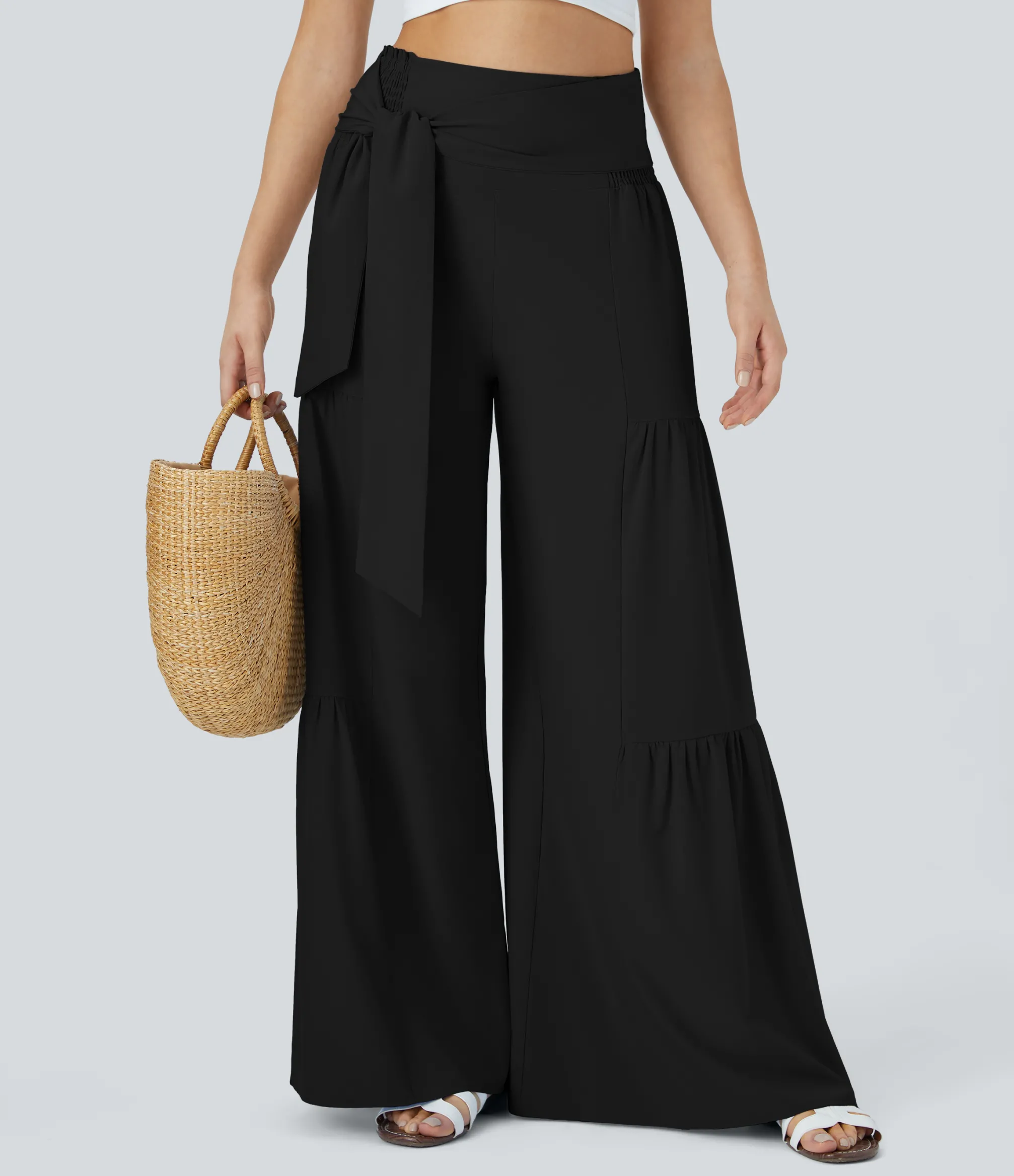 Flowy Pants|High-Waisted Pants<HALARA Breezeful™ High Waisted Shirred Tie Front & Back Wide Leg Flowy Quick Dry Casual Pants
