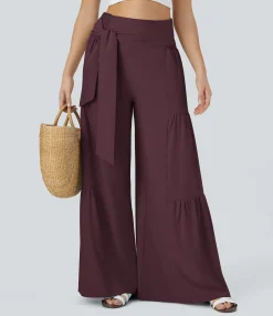 Flowy Pants|High-Waisted Pants<HALARA Breezeful™ High Waisted Shirred Tie Front & Back Wide Leg Flowy Quick Dry Casual Pants
