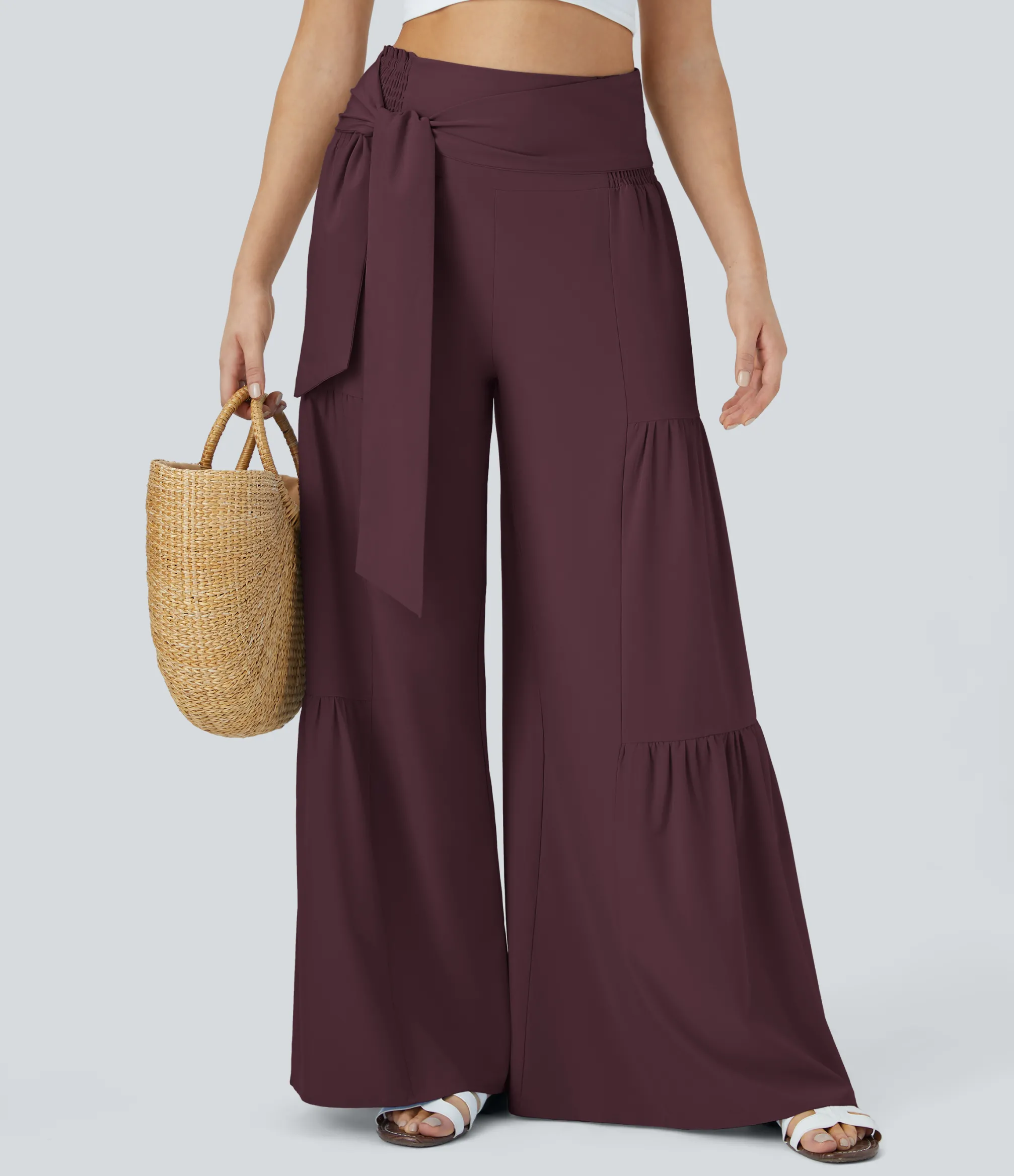 Flowy Pants|High-Waisted Pants<HALARA Breezeful™ High Waisted Shirred Tie Front & Back Wide Leg Flowy Quick Dry Casual Pants