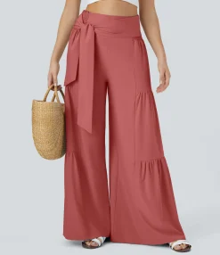Flowy Pants|High-Waisted Pants<HALARA Breezeful™ High Waisted Shirred Tie Front & Back Wide Leg Flowy Quick Dry Casual Pants