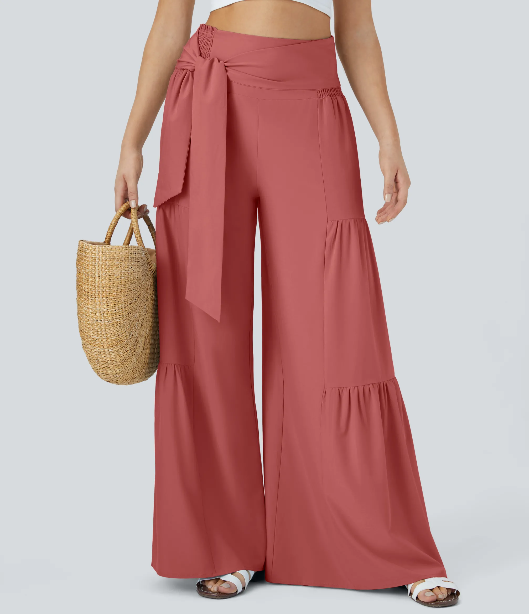 Flowy Pants|High-Waisted Pants<HALARA Breezeful™ High Waisted Shirred Tie Front & Back Wide Leg Flowy Quick Dry Casual Pants