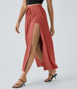 Maxi & Midi Skirts|Flowy Skirts<HALARA Breezeful™ High Waisted Tie Front Flowy 2-in-1 Maxi Quick Dry Casual Skirt