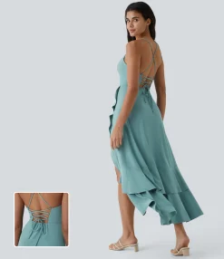 Flowy Dresses|Maxi & Midi Dresses<HALARA Breezeful™ Lace Up Side Zipper Ruffle Hem Maxi Quick Dry Casual Dress