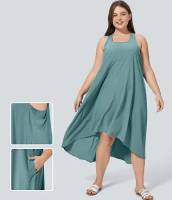 Flowy Dresses|Plus Size<HALARA Breezeful™ RacerPocket High Low Flowy Midi Quick Dry Casual Plus Size Dress