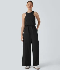 Jumpsuits<HALARA Breezeful™ Round Neck Sleeveless Pockets Straight Leg Quick Dry Casual Jumpsuit