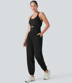 Jumpsuits<HALARA Breezeful™ SoCinched U Neck Cu Out Tummy Control Pocket Quick Dry Yoga Jumpsuit