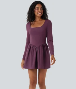 Mini Dresses|Flowy Dresses<HALARA Breezeful™ Square Neck Long Sleeve Mini Quick Dry Casual Dress with Pockets