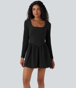 Mini Dresses|Flowy Dresses<HALARA Breezeful™ Square Neck Long Sleeve Mini Quick Dry Casual Dress with Pockets