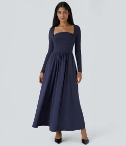 Dresses|Flowy Dresses<HALARA Breezeful™ Square Neck Long Sleeve Pocket Flowy Flare Maxi Quick Dry Casual Dress