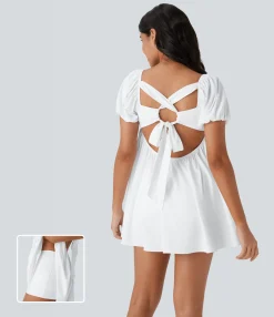 Dresses|Flowy Dresses<HALARA Breezeful™ Square Neck Short Puff Sleeve Lace Up 2-Piece Pocket Quick Dry Mini Casual Babydoll Dress