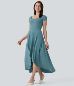 Dresses|Flowy Dresses<HALARA Breezeful™ Square Neck Short Sleeve High Low Ruffle 2-Piece Flowy Quick Dry Midi Work Dress