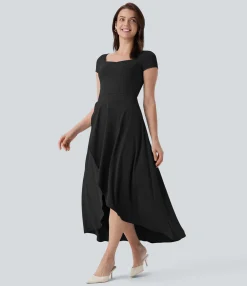 Dresses|Flowy Dresses<HALARA Breezeful™ Square Neck Short Sleeve High Low Ruffle 2-Piece Flowy Quick Dry Midi Work Dress