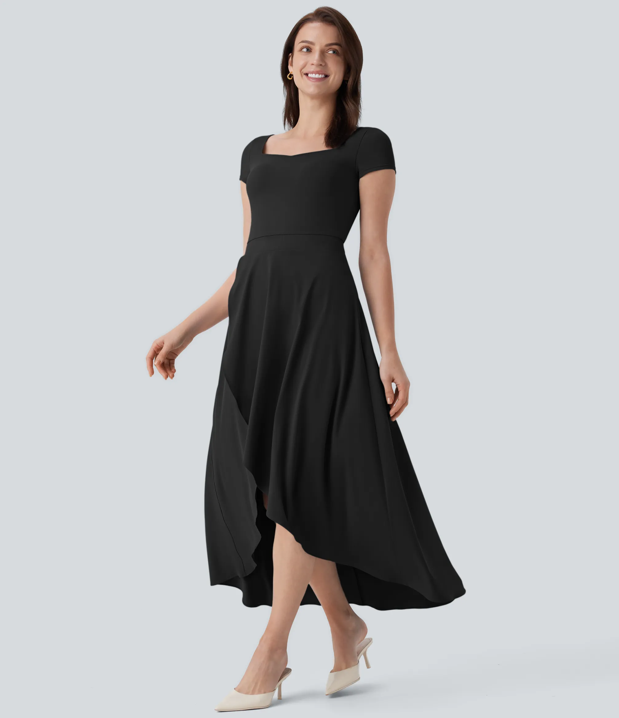 Dresses|Flowy Dresses<HALARA Breezeful™ Square Neck Short Sleeve High Low Ruffle 2-Piece Flowy Quick Dry Midi Work Dress