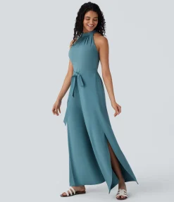 Jumpsuits<HALARA Breezeful™ Stand Collar Sleeveless Tie Front Wide Leg Flowy Quick Dry Jumpsuit