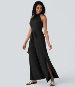 Jumpsuits<HALARA Breezeful™ Stand Collar Sleeveless Tie Front Wide Leg Flowy Quick Dry Jumpsuit