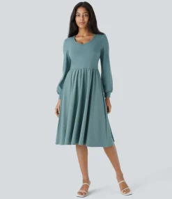 Flowy Dresses|Maxi & Midi Dresses<HALARA Breezeful™ V Neck Bishop Long Sleeve Flare Midi Quick Dry Casual Dress