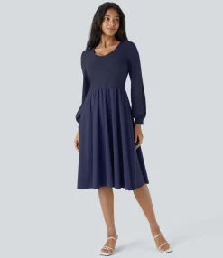 Flowy Dresses|Maxi & Midi Dresses<HALARA Breezeful™ V Neck Bishop Long Sleeve Flare Midi Quick Dry Casual Dress