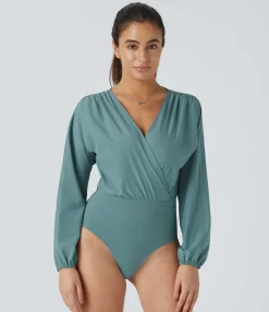 Bodysuits<HALARA Breezeful™ V Neck Bishop Sleeve Quick Dry Casual Bodysuit