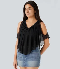 Casual Tops<HALARA Breezeful™ V Neck Cold Shoulder Contrast Chiffon Flowy Quick Dry Casual Top