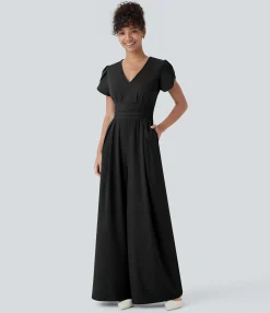Jumpsuits<HALARA Breezeful™ V Neck Petal Sleeve Pocket Wide Leg Flowy Quick Dry Work Jumpsuit