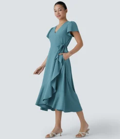 Flowy Dresses|Maxi & Midi Dresses<HALARA Breezeful™ V Neck Short Sleeve Wrapped Tie Pocket Ruffle Flowy Quick Dry Midi Casual Dress