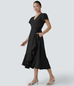 Flowy Dresses|Maxi & Midi Dresses<HALARA Breezeful™ V Neck Short Sleeve Wrapped Tie Pocket Ruffle Flowy Quick Dry Midi Casual Dress