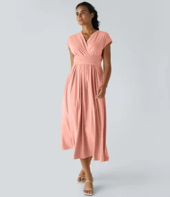 Flowy Dresses|Maxi & Midi Dresses<HALARA Breezeful™ V Neck Short Sleeve Pocket Tie Back Quick Dry Midi Casual Dress-Longer Length