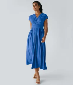 Flowy Dresses|Maxi & Midi Dresses<HALARA Breezeful™ V Neck Short Sleeve Pocket Tie Back Quick Dry Midi Casual Dress-Longer Length
