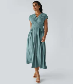 Flowy Dresses|Maxi & Midi Dresses<HALARA Breezeful™ V Neck Short Sleeve Pocket Tie Back Quick Dry Midi Casual Dress-Longer Length