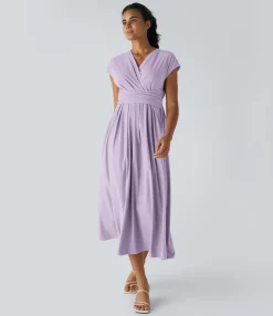 Flowy Dresses|Maxi & Midi Dresses<HALARA Breezeful™ V Neck Short Sleeve Pocket Tie Back Quick Dry Midi Casual Dress-Longer Length
