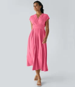 Flowy Dresses|Maxi & Midi Dresses<HALARA Breezeful™ V Neck Short Sleeve Pocket Tie Back Quick Dry Midi Casual Dress-Longer Length