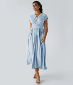 Flowy Dresses|Maxi & Midi Dresses<HALARA Breezeful™ V Neck Short Sleeve Pocket Tie Back Quick Dry Midi Casual Dress-Longer Length