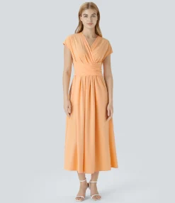 Flowy Dresses|Maxi & Midi Dresses<HALARA Breezeful™ V Neck Short Sleeve Pocket Tie Back Quick Dry Midi Casual Dress-Longer Length