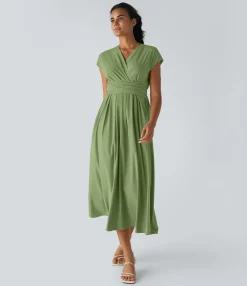 Flowy Dresses|Maxi & Midi Dresses<HALARA Breezeful™ V Neck Short Sleeve Pocket Tie Back Quick Dry Midi Casual Dress-Longer Length