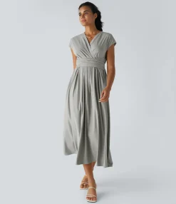 Flowy Dresses|Maxi & Midi Dresses<HALARA Breezeful™ V Neck Short Sleeve Pocket Tie Back Quick Dry Midi Casual Dress-Longer Length
