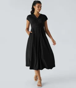 Flowy Dresses|Maxi & Midi Dresses<HALARA Breezeful™ V Neck Short Sleeve Pocket Tie Back Quick Dry Midi Casual Dress-Longer Length